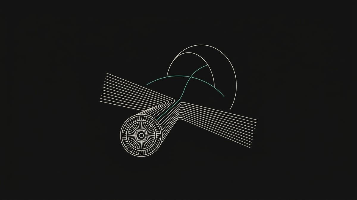 Fine white lines passing through a turbine, with a teal path curving toward an open horizon on an obsidian background.