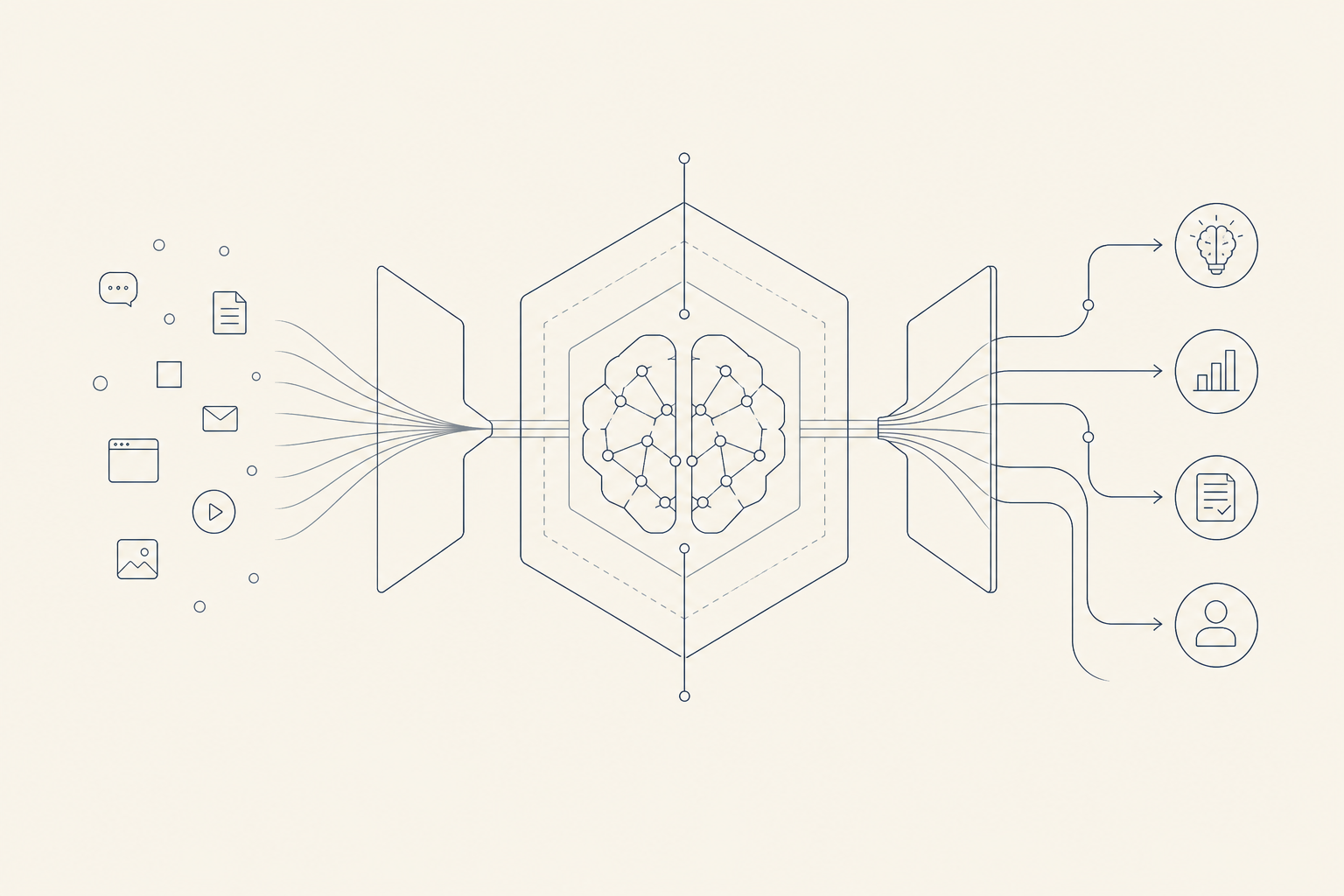 A minimal geometric form rendered in clean white vector lines over a deep volcanic obsidian background, representing the structured layers of a personal knowledge architecture