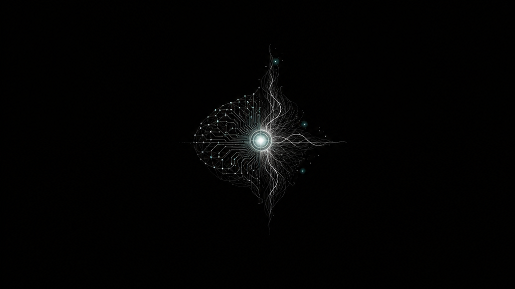 Abstract neural network merging with a luminous soul-like orb — volcanic minimalist schematic