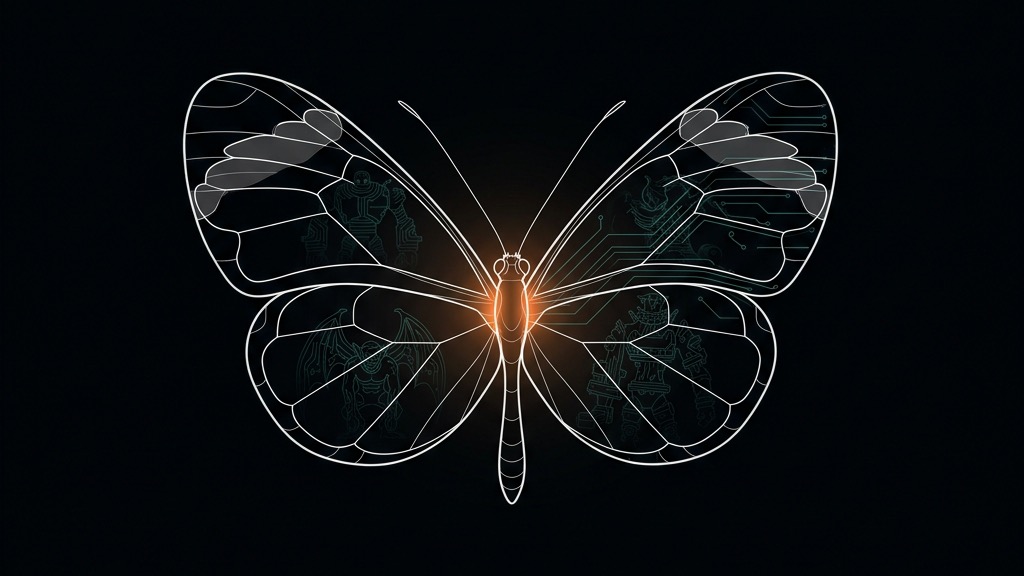 Myth-Tech Glasswing — transparent butterfly wings overlaid on a circuit board lattice