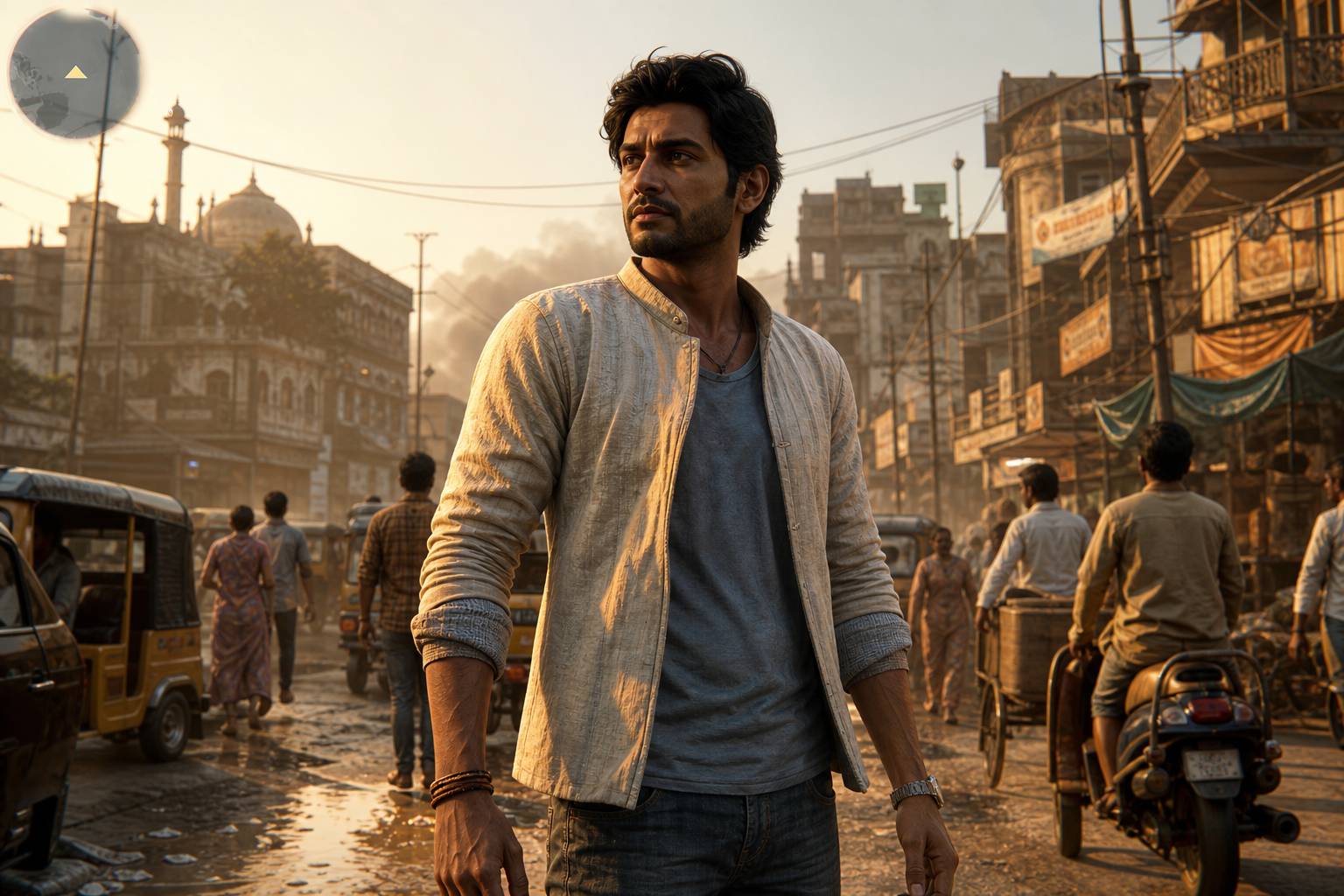 GTA-style Indian open-world character in a crowded city street — India Simulator Signal
