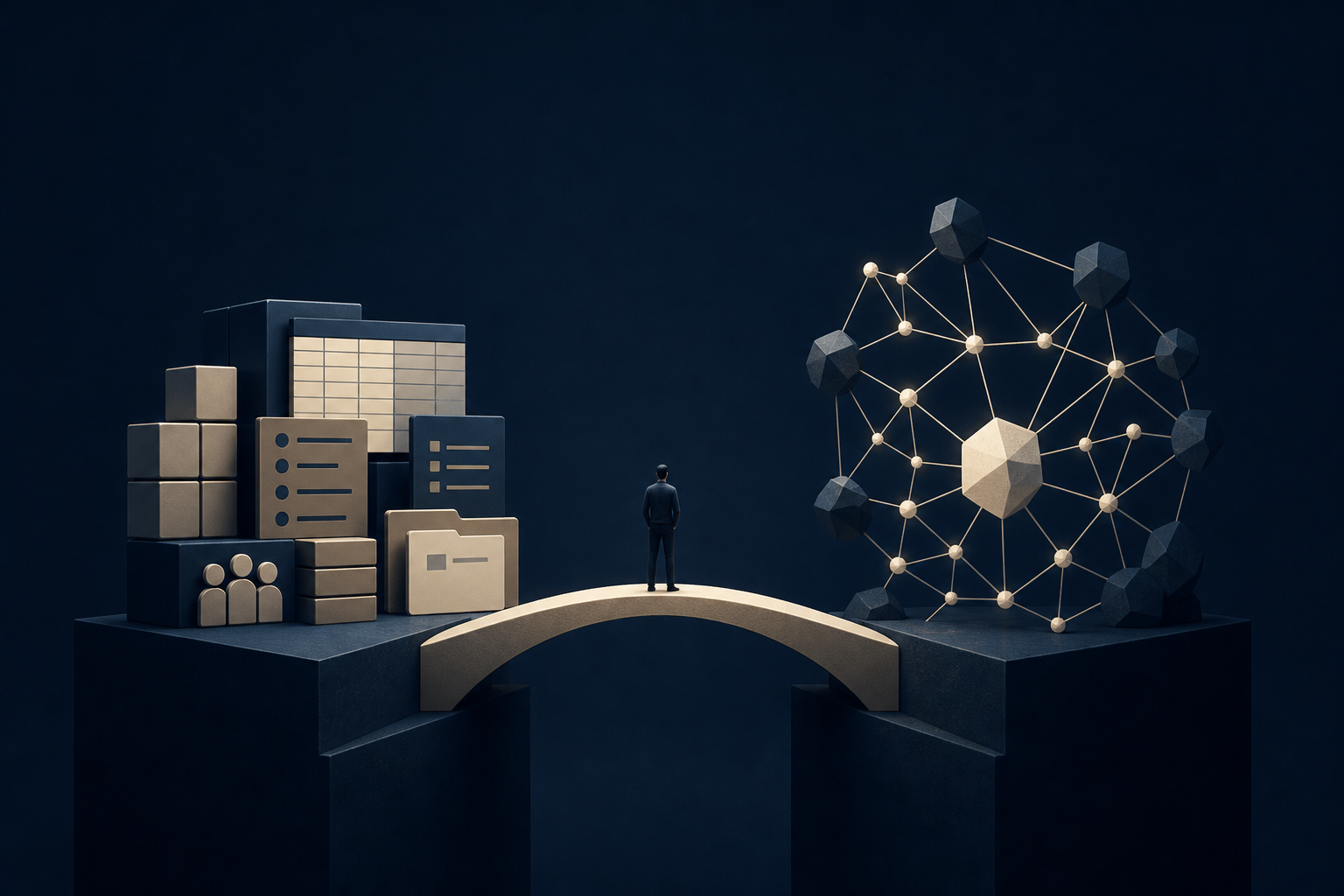 A minimal geometric form rendered in clean white vector lines over a deep volcanic obsidian background, representing two contrasting approaches to knowledge organization