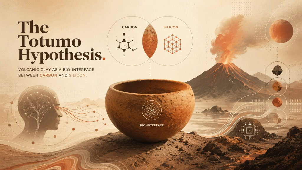 The Totumo Hypothesis — volcanic clay as a bio-interface between carbon and silicon, illustrated with El Totumo clay bowl against a volcanic landscape